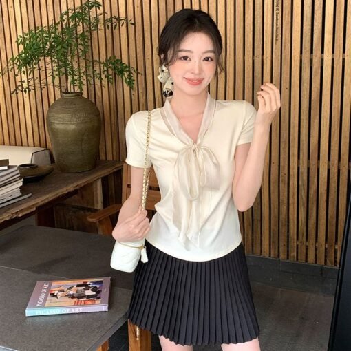 Vapetix S-L  French Elegance Elegant Bow Tie Short Sleeve Knitted T-Shirt Women Summer Unique Gorgeous Purple Sl