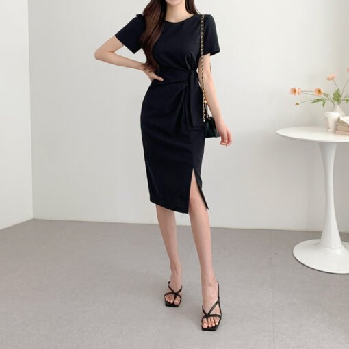 Vapetix Universal code-Universal code  Korean chic summer retro niche round neck kink strap waist puff sleeve side slit hip dress for wome - Pilt 2