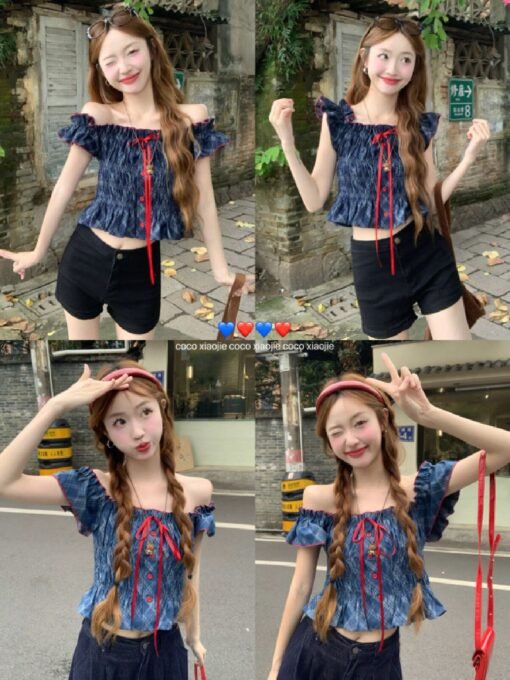 Vapetix Free Size-Free Size  Real shot Design sense one shoulder denim short top women's off-shoulder sleeveless T-shirt sweet a