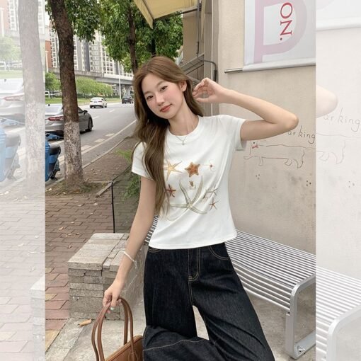 Vapetix S-L  Photographed in 2025 Unique Starfish Print Short-Sleeve T-Shirt for Women - Summer New Arrival Roun
