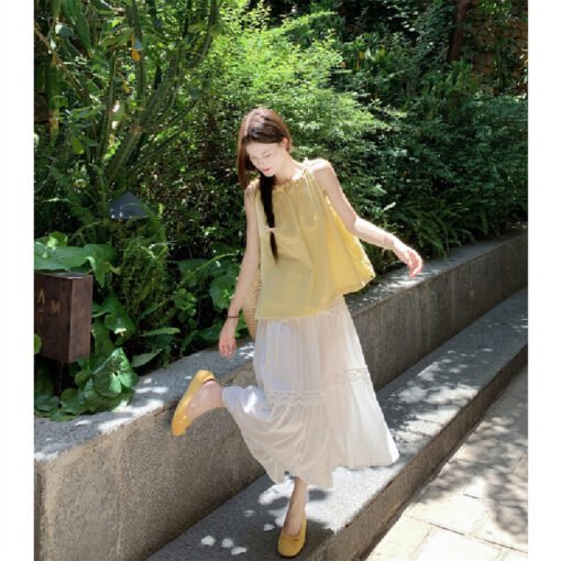 Vapetix Free Size-Free Size  Photographed Summer Sweet Loose Babydoll Shirt Slouch Vacation Neckline Top Shirt + White Lace Cake - Afbeelding 3