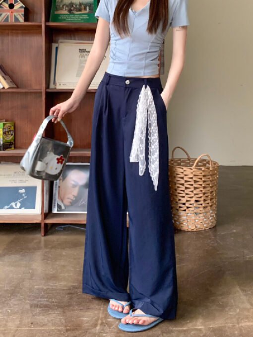 Vapetix S-L  Shot-draped lace belt pure color casual pants women drape loose high-waisted pants 2025 floor-lengt