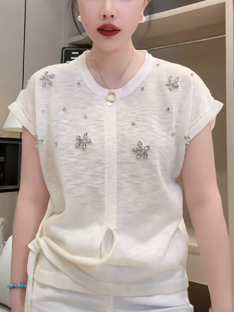 Vapetix Free Size-Free Size Tmall Quality 2025 Summer New Arrival Round Neck Asymmetrical Hem Embroidered Diamond-Studded Slim- - 图片 3