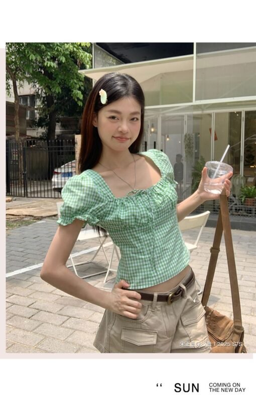 Vapetix S-XL  Green Grid Square Collar Puff Sleeve Women's Summer New Slimming Waist Short Top - Afbeelding 3