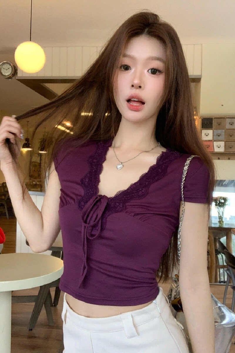 Vapetix Free Size-Free Size Photo-shoot New Lace Edge Strap Design Pure Desire Style Slimming Hot Chick T-shirt Short-sleeve To