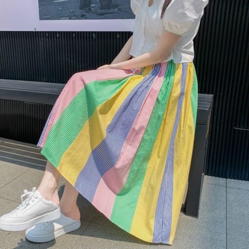 Vapetix S-3XL  Colorful semi-sleeve skirt summer sweet Japanese style medium-long striped A-line dress for women K - Obrázek 2