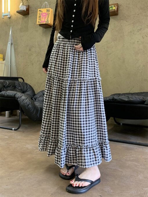 Vapetix Free Size-Free Size  Real shot new Korean version loose high waist plaid splicing ruffle casual slimming half skirt - Imagen 4