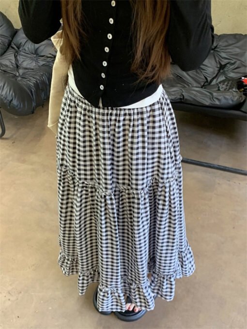 Vapetix Free Size-Free Size  Real shot new Korean version loose high waist plaid splicing ruffle casual slimming half skirt - Imagen 5