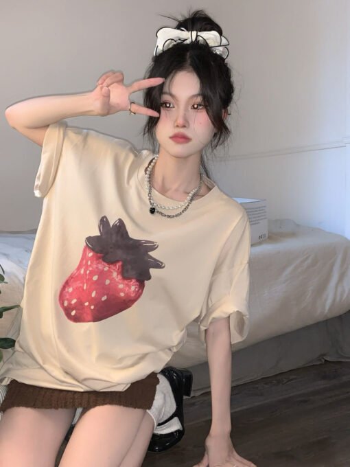 Vapetix M-2XL  Retro printed strawberry round neck short-sleeved T-shirt for women's spring new loose casual slim