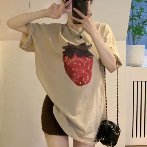 Vapetix M-2XL  Retro printed strawberry round neck short-sleeved T-shirt for women's spring new loose casual slim - Afbeelding 4