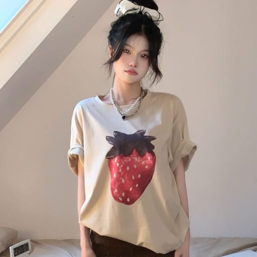 Vapetix M-2XL  Retro printed strawberry round neck short-sleeved T-shirt for women's spring new loose casual slim - Afbeelding 6