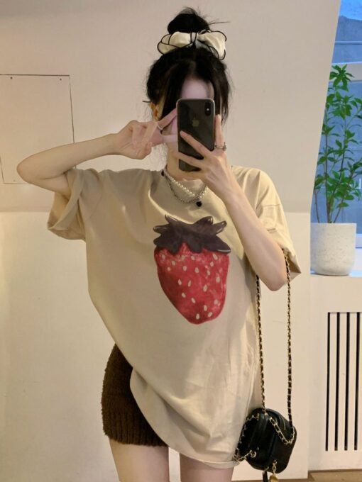 Vapetix M-2XL  Retro printed strawberry round neck short-sleeved T-shirt for women's spring new loose casual slim - Afbeelding 7