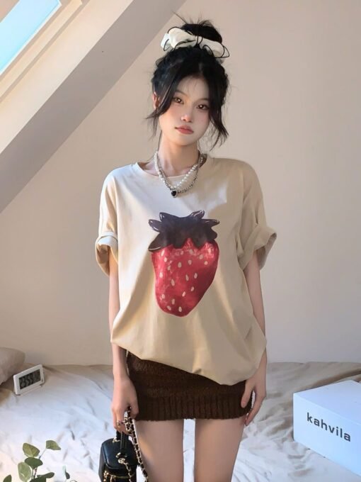Vapetix M-2XL  Retro printed strawberry round neck short-sleeved T-shirt for women's spring new loose casual slim - Afbeelding 8