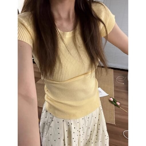 Vapetix Free Size-Free Size  Soft and creamy white yellow knitted short-sleeved T-shirt for women in summer with a waistline tha - Afbeelding 9