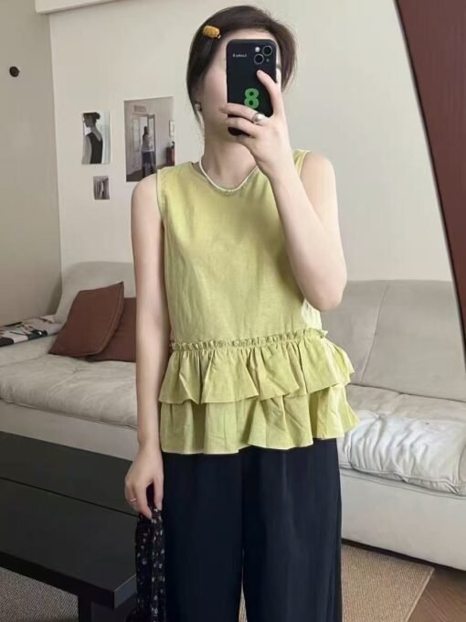 Vapetix Free Size-Free Size  Flax Comfortable Overlap Ruffle Sleeveless Blouse Top Women's Summer New Fashionable Slimming Sleev - Afbeelding 2