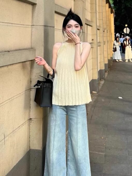Vapetix One size fits all-One size fits all  Women's Pleated Crewneck Vest for Summer French Style Elegant Sleeveless Top - Kuva 3