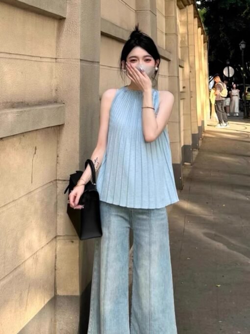 Vapetix One size fits all-One size fits all  Women's Pleated Crewneck Vest for Summer French Style Elegant Sleeveless Top - Kuva 4