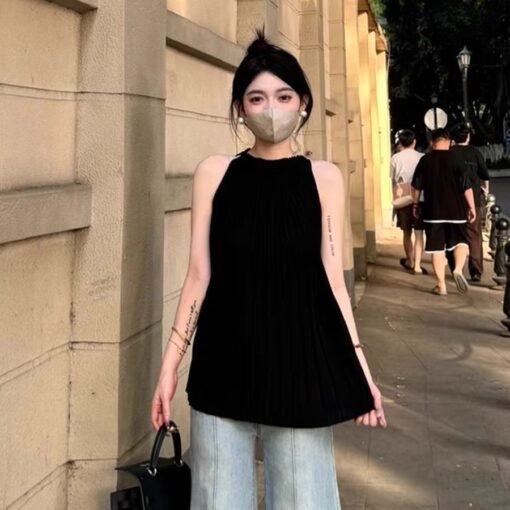 Vapetix One size fits all-One size fits all  Women's Pleated Crewneck Vest for Summer French Style Elegant Sleeveless Top - Kuva 5