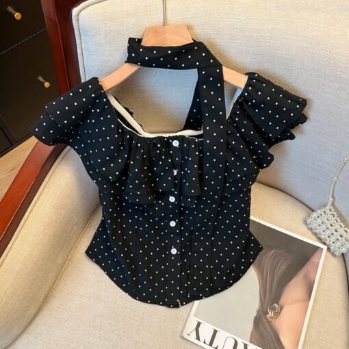 Vapetix S-XL  Real Shot 13th Row Summer Commuting Style Retro Polka Dot Sleeveless Ruffled One-Shoulder Slim Fit - Obrázek 4