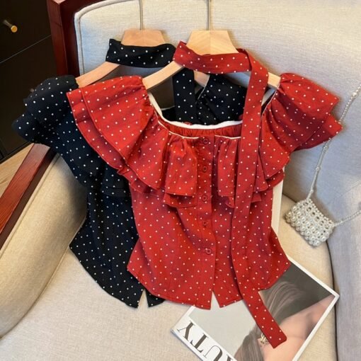 Vapetix S-XL  Real Shot 13th Row Summer Commuting Style Retro Polka Dot Sleeveless Ruffled One-Shoulder Slim Fit - Obrázek 6