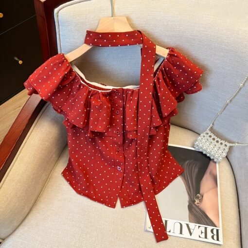 Vapetix S-XL  Real Shot 13th Row Summer Commuting Style Retro Polka Dot Sleeveless Ruffled One-Shoulder Slim Fit - Obrázek 7