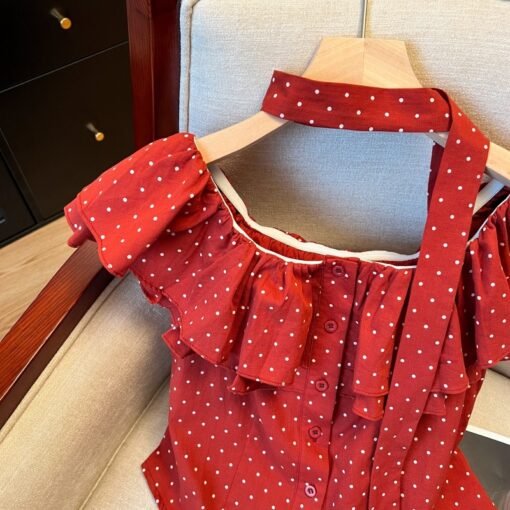 Vapetix S-XL  Real Shot 13th Row Summer Commuting Style Retro Polka Dot Sleeveless Ruffled One-Shoulder Slim Fit - Obrázek 8