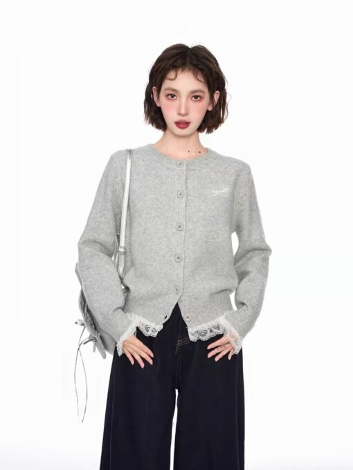 Vapetix S-L  Spring Grey Lace Fake Two-piece Sweater Cardigan Women's Spring and Autumn Short Top Lazy Shoulder - Obrázek 3