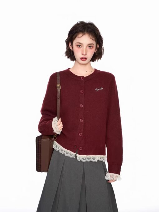 Vapetix S-L  Spring Grey Lace Fake Two-piece Sweater Cardigan Women's Spring and Autumn Short Top Lazy Shoulder - Obrázek 5