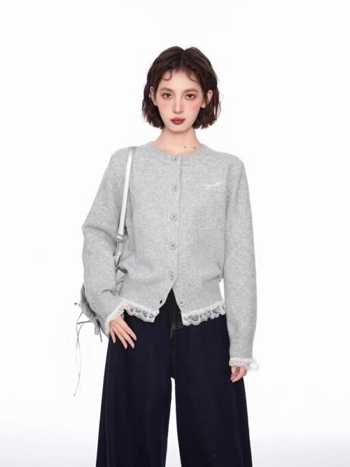 Vapetix S-L  Spring Grey Lace Fake Two-piece Sweater Cardigan Women's Spring and Autumn Short Top Lazy Shoulder - Obrázek 7