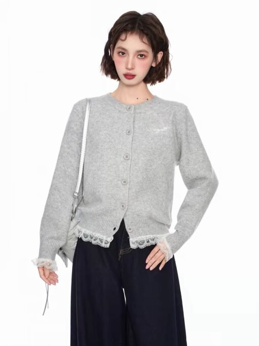 Vapetix S-L  Spring Grey Lace Fake Two-piece Sweater Cardigan Women's Spring and Autumn Short Top Lazy Shoulder - Obrázek 9
