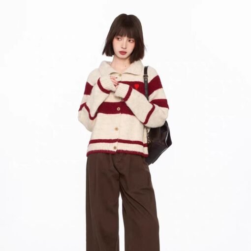 Vapetix S-L  Korean Style Vintage Contrast Striped Lapel Sweater Cardigan Coat Women's Autumn and Winter Loose L – Bild 2