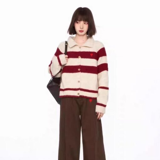 Vapetix S-L  Korean Style Vintage Contrast Striped Lapel Sweater Cardigan Coat Women's Autumn and Winter Loose L – Bild 3