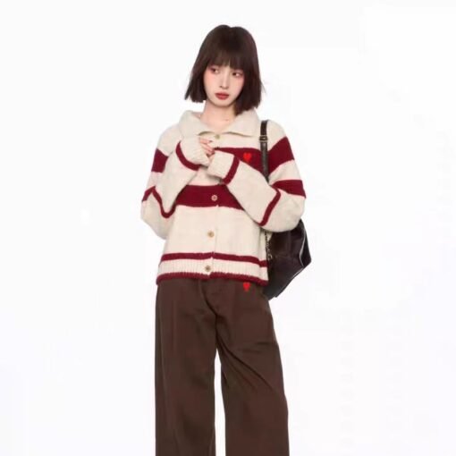 Vapetix S-L  Korean Style Vintage Contrast Striped Lapel Sweater Cardigan Coat Women's Autumn and Winter Loose L – Bild 4