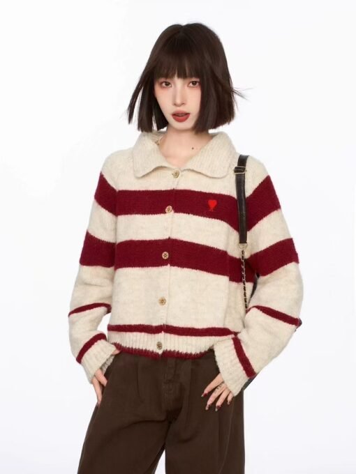 Vapetix S-L  Korean Style Vintage Contrast Striped Lapel Sweater Cardigan Coat Women's Autumn and Winter Loose L – Bild 6