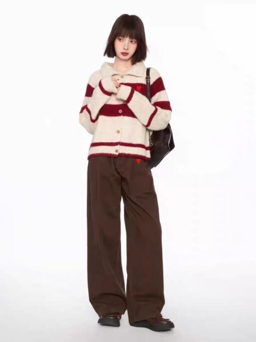 Vapetix S-L  Korean Style Vintage Contrast Striped Lapel Sweater Cardigan Coat Women's Autumn and Winter Loose L – Bild 7