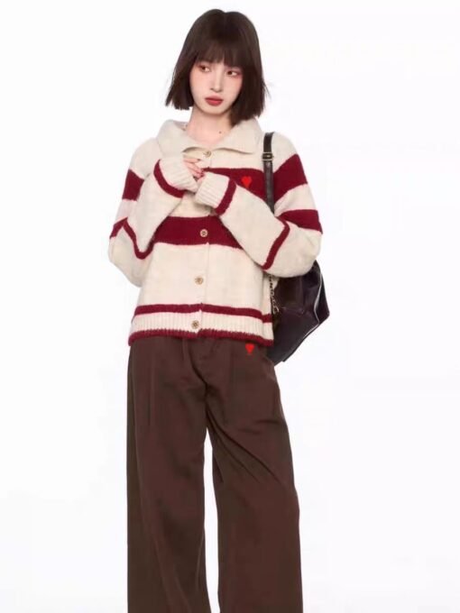Vapetix S-L  Korean Style Vintage Contrast Striped Lapel Sweater Cardigan Coat Women's Autumn and Winter Loose L – Bild 9
