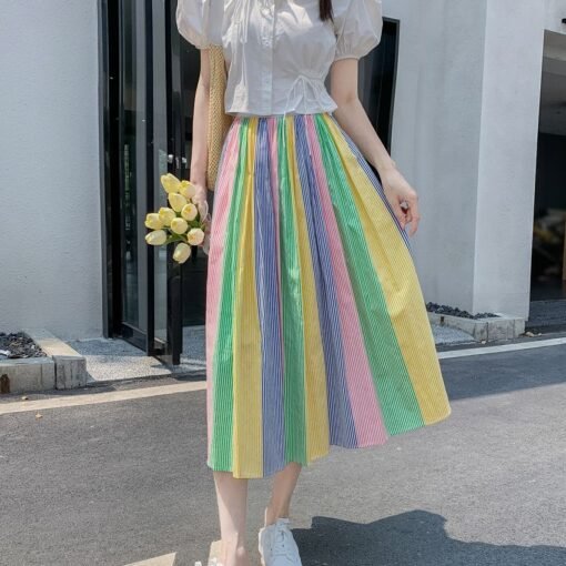 Vapetix S-3XL  Colorful semi-sleeve skirt summer sweet Japanese style medium-long striped A-line dress for women K - Obrázek 8