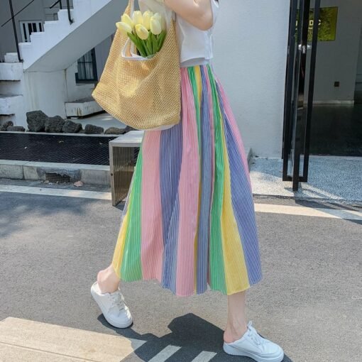 Vapetix S-3XL  Colorful semi-sleeve skirt summer sweet Japanese style medium-long striped A-line dress for women K - Obrázek 9