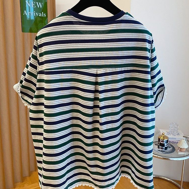 Vapetix M-4XL Large Code 300 Pounds Striped Women's Short Sleeve Lace Hem V-Neck Top with Slits – Bild 3