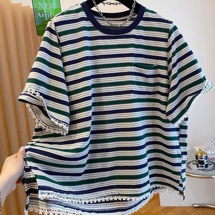 Vapetix M-4XL Large Code 300 Pounds Striped Women's Short Sleeve Lace Hem V-Neck Top with Slits – Bild 4