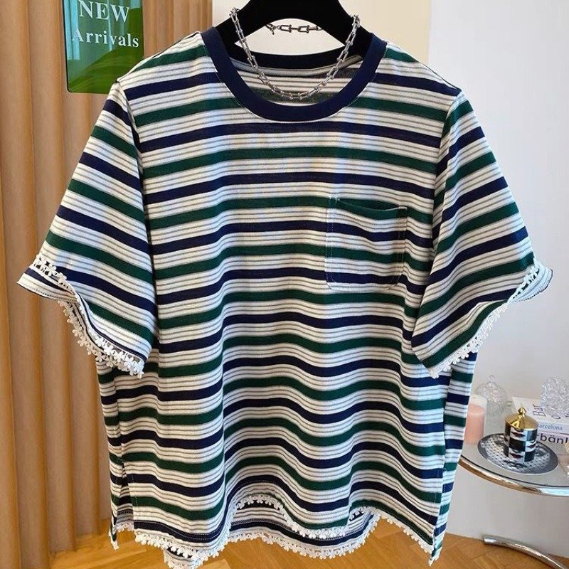 Vapetix M-4XL Large Code 300 Pounds Striped Women's Short Sleeve Lace Hem V-Neck Top with Slits – Bild 5