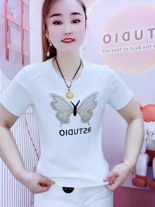 Vapetix M-3XL  26 pieces of pure cotton 2025 summer new arrival butterfly short-sleeve T-shirts for women, fashion - Kuva 4