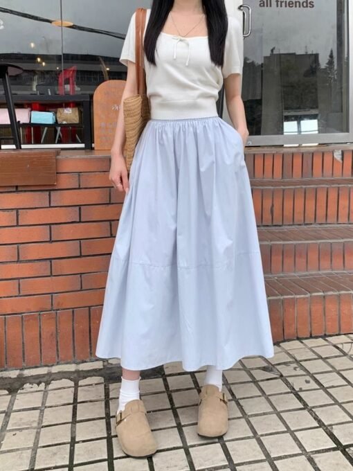 Vapetix S-XL  Women's Spring and Summer High-Waist Medium-Length Blue Tied-Waist Skirt with A-Line White Dress