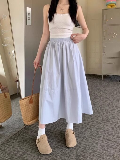 Vapetix S-XL  Women's Spring and Summer High-Waist Medium-Length Blue Tied-Waist Skirt with A-Line White Dress - Afbeelding 2