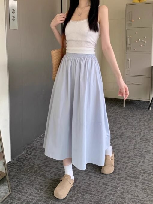 Vapetix S-XL  Women's Spring and Summer High-Waist Medium-Length Blue Tied-Waist Skirt with A-Line White Dress - Afbeelding 4