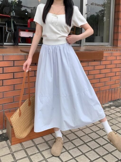 Vapetix S-XL  Women's Spring and Summer High-Waist Medium-Length Blue Tied-Waist Skirt with A-Line White Dress - Afbeelding 5