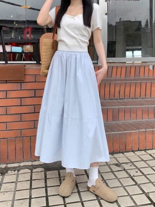 Vapetix S-XL  Women's Spring and Summer High-Waist Medium-Length Blue Tied-Waist Skirt with A-Line White Dress - Afbeelding 6