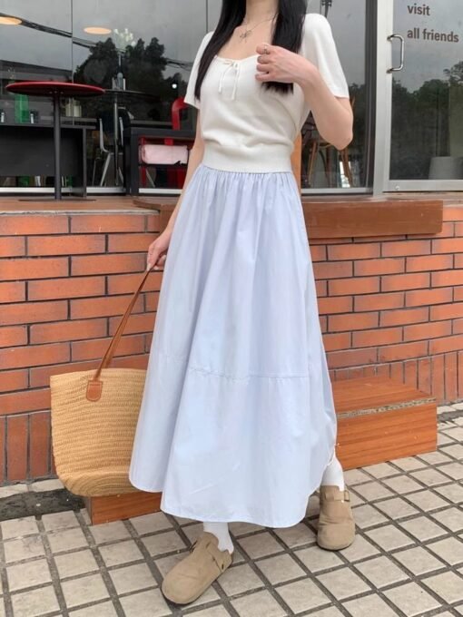 Vapetix S-XL  Women's Spring and Summer High-Waist Medium-Length Blue Tied-Waist Skirt with A-Line White Dress - Afbeelding 7
