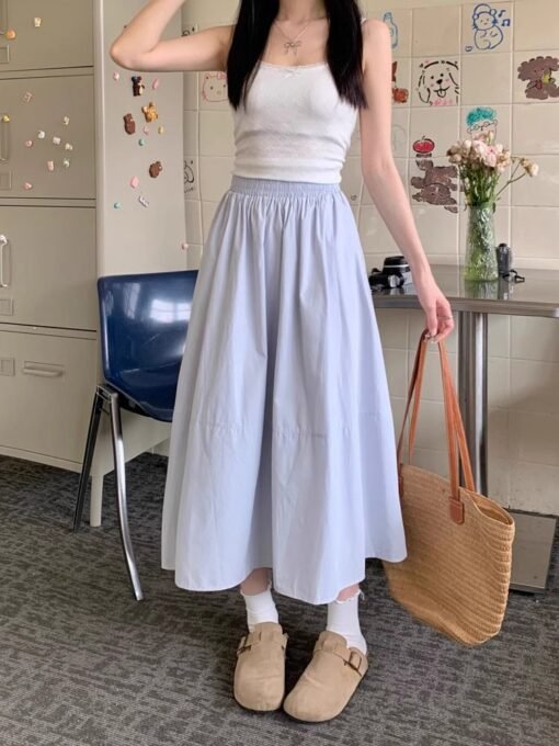 Vapetix S-XL  Women's Spring and Summer High-Waist Medium-Length Blue Tied-Waist Skirt with A-Line White Dress - Afbeelding 9