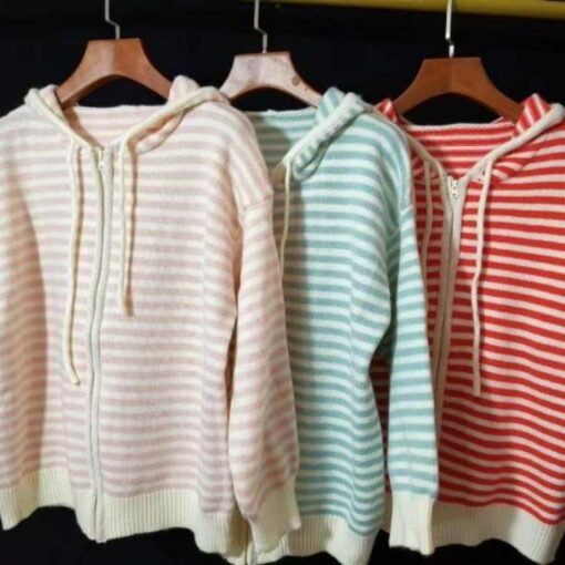 Vapetix S-L  freshtaro Cream Green/Light Pink/Tomato Red Hooded Striped Knitted Cardigan Sweater Women's Early S – Bild 3